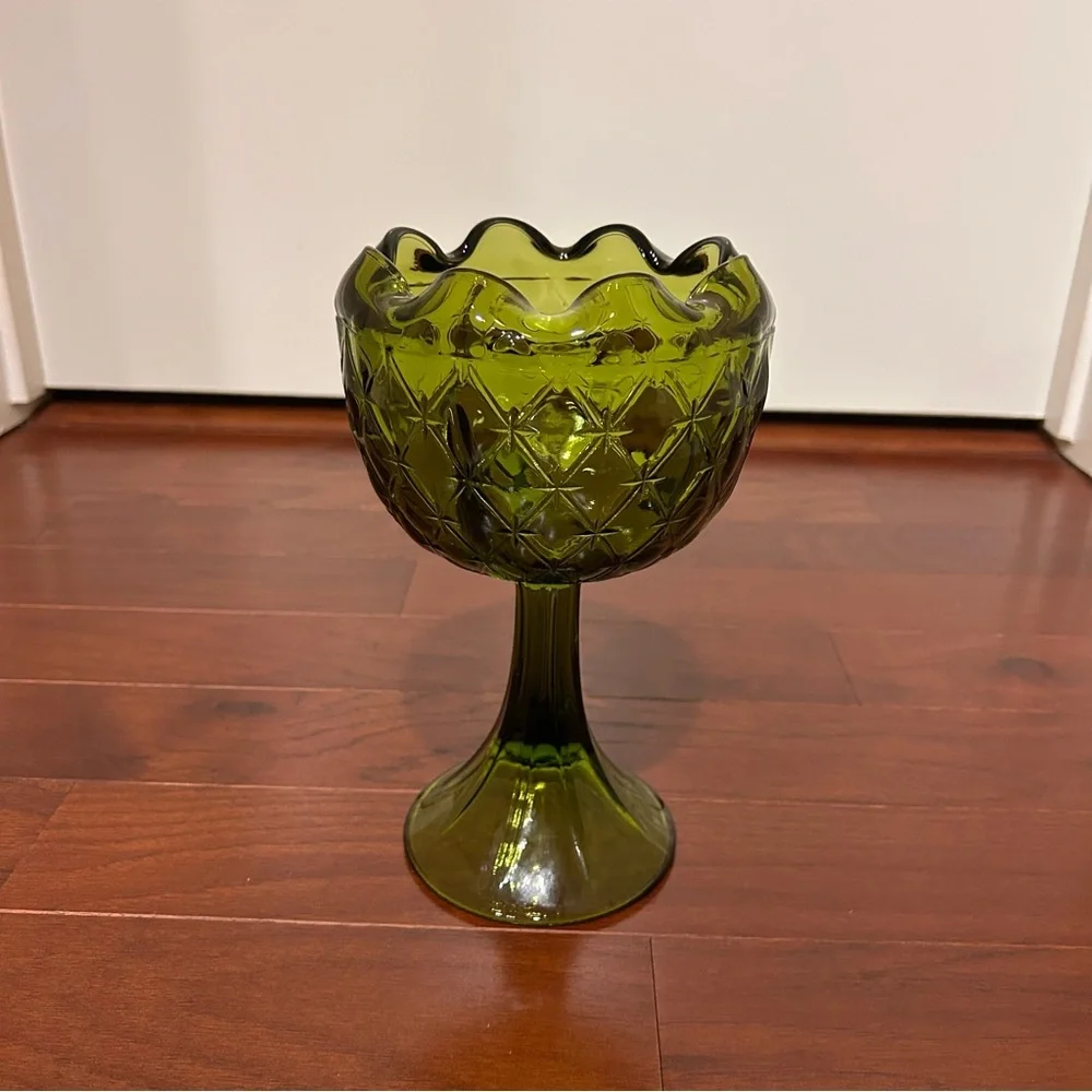 VTG Indiana Glass Avocado Green Pedestal 9